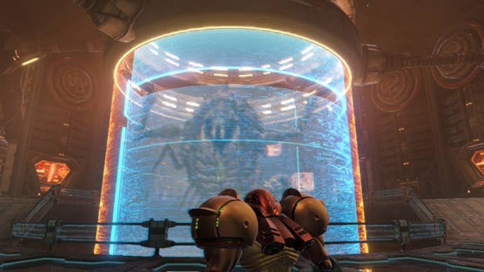 Samus faces the Parasite Queen in Metroid Prime Remastered