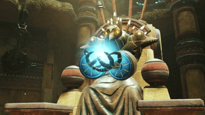 Samus, as the Morph Ball, jumps into a statues hands in Metroid Prime Remastered