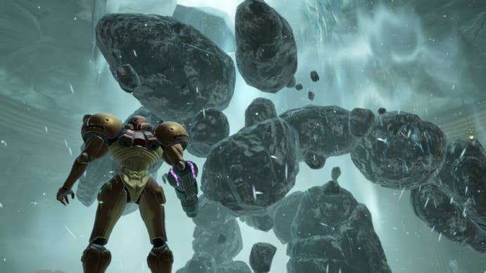 Samus fights Thardus in Metroid Prime Remastered