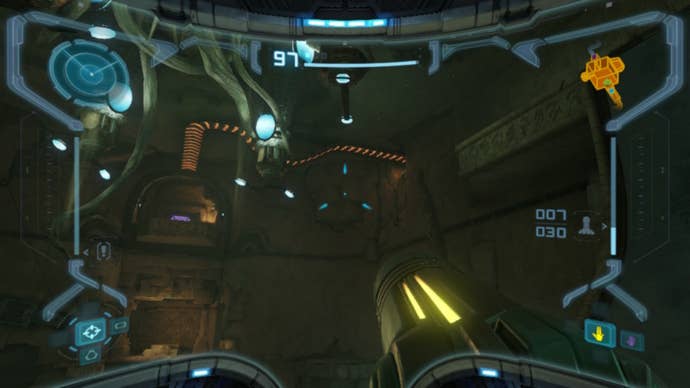 Samus aims at a spider track in Metroid Prime Remastered