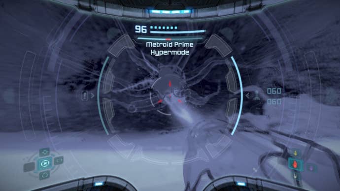 The player looks at boss, True Metroid Prime, using their X-Ray Visor in Metroid Prime Remastered