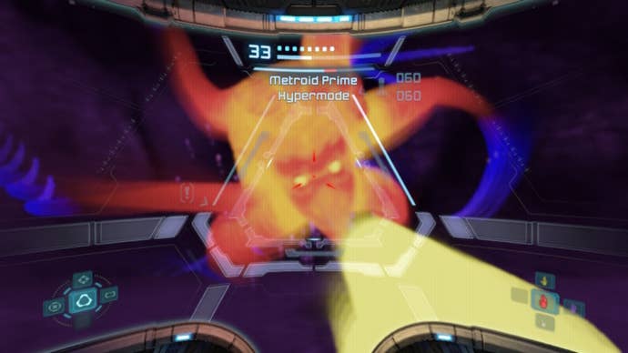 The player looks at boss, True Metroid Prime, using their Thermal Visor in Metroid Prime Remastered