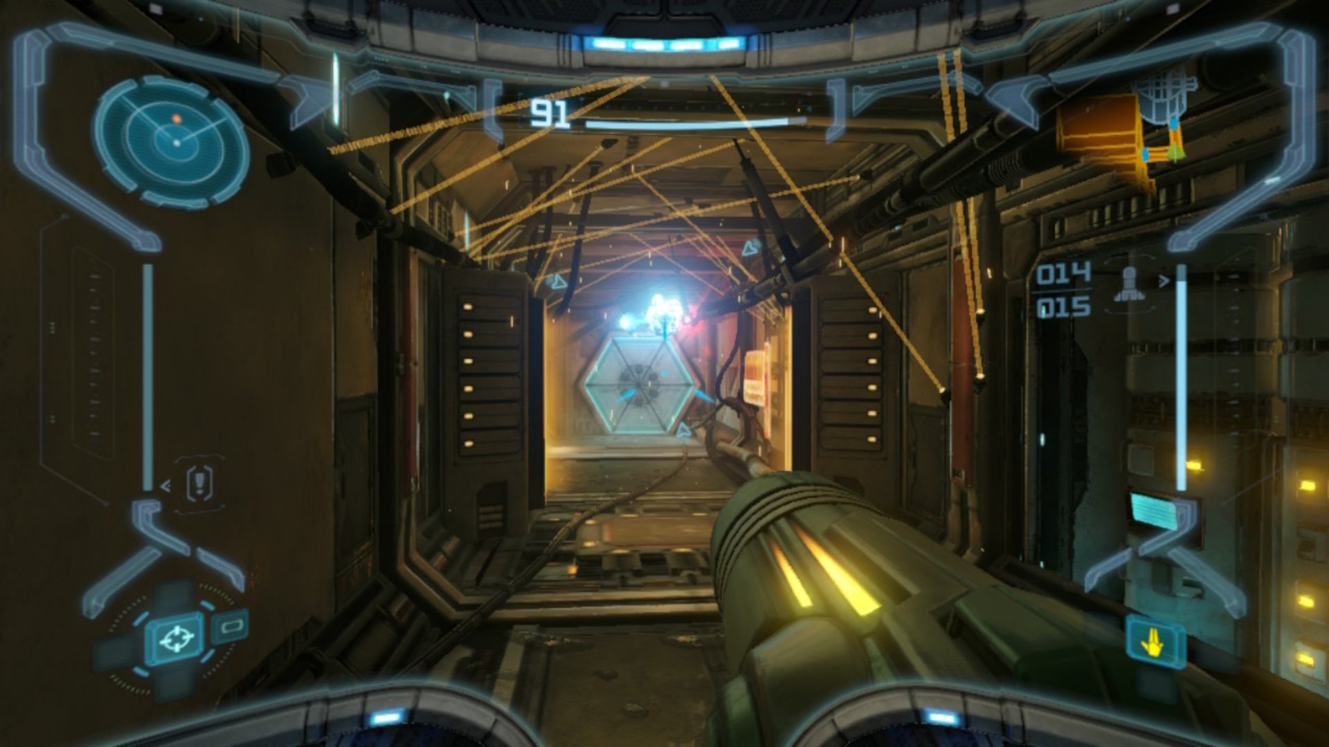 Samus aims and fires at a turret in Metroid Prime Remastered - 5