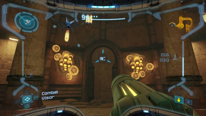 Samus aims at a rune in Metroid Prime Remastered