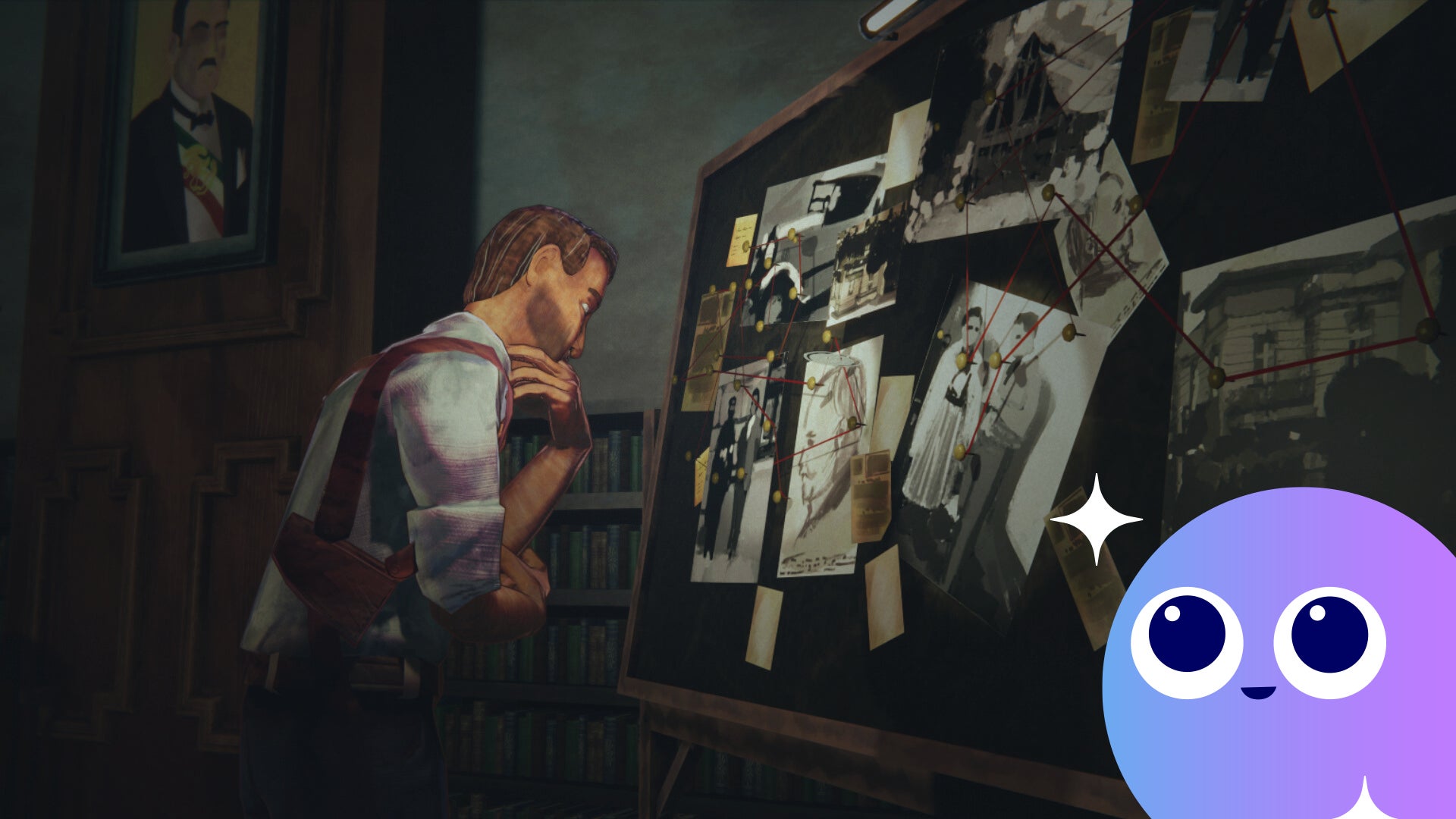 A journalist, hunched over an investigation board, ponders the connection between two events. The Wishlisted logo sits in the bottom right corner of the image. - 1