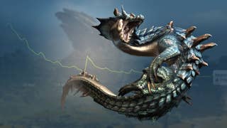 Monster Hunter Wilds' version of Lagiacrus over a background from the game, with a transparent chart showing declining player numbers.