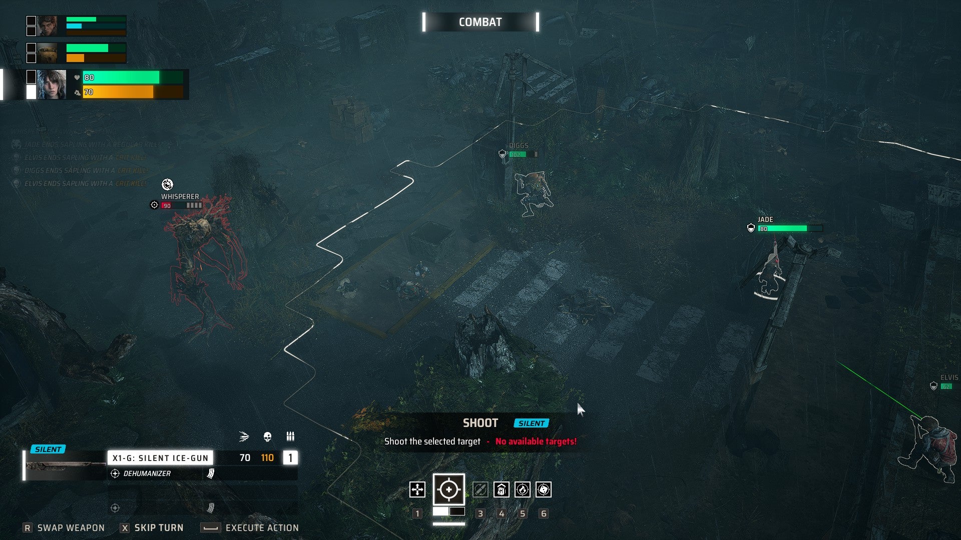 Miasma Chronicles review screenshot, showing a turn-based battle, there is a white outline to show the range of a gun.