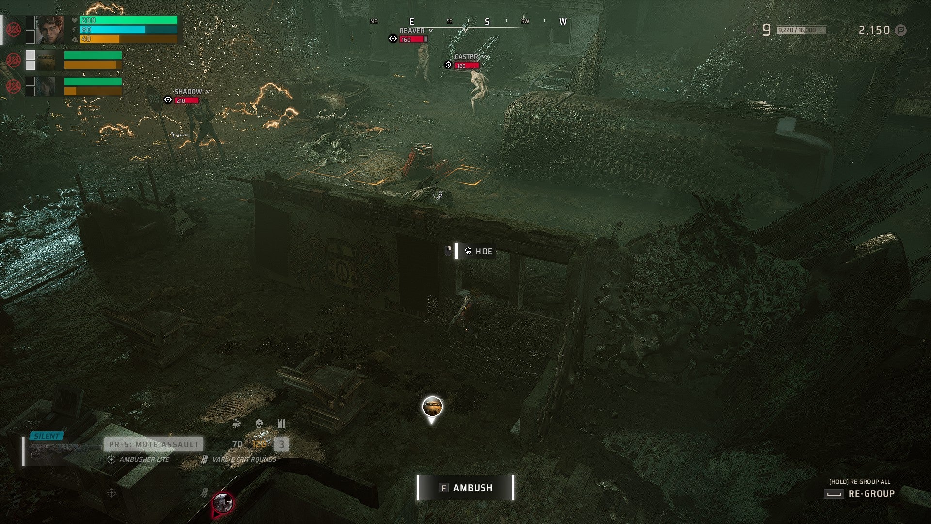 Miasma Chronicles review screenshot, showing a boy hiding from humanoid monsters in a ruined building.