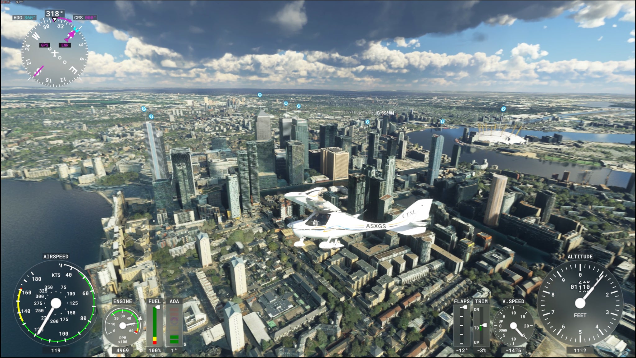 An AI-rendered DLSS 3 frame in Microsoft Flight Simulator, showing a small plane flying over London. - 8