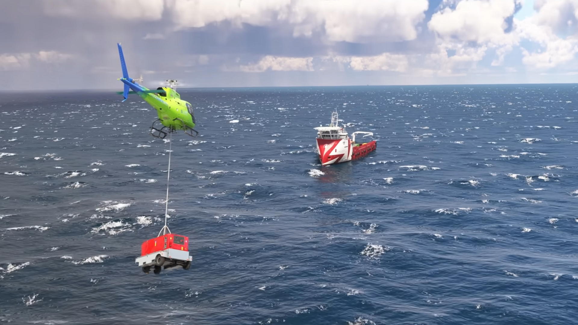 A helicopter, carrying cargo, approaches a lone ship in Microsoft Flight Sim 2024.