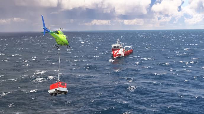A helicopter, carrying cargo, approaches a lone ship in Microsoft Flight Sim 2024.
