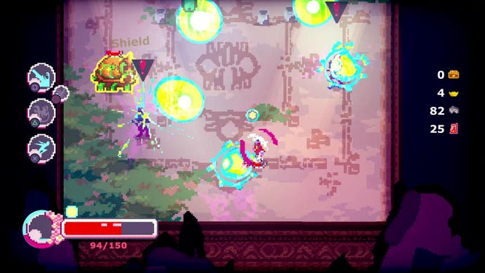 A screenshot of Midautumn, a pixelated, 2D, action RPG. Here we see a shot of combat, where several blobs of glowing light illuminate the screen.