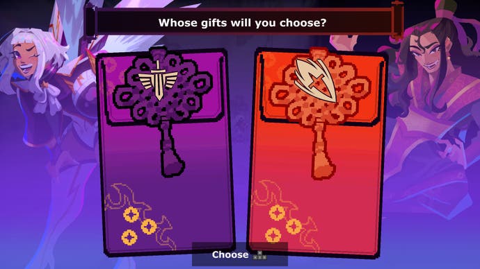 A Midautumn scene in which the player has to choose between two gifts from two ancestral spirits, presented in the form of a Chinese red envelope.