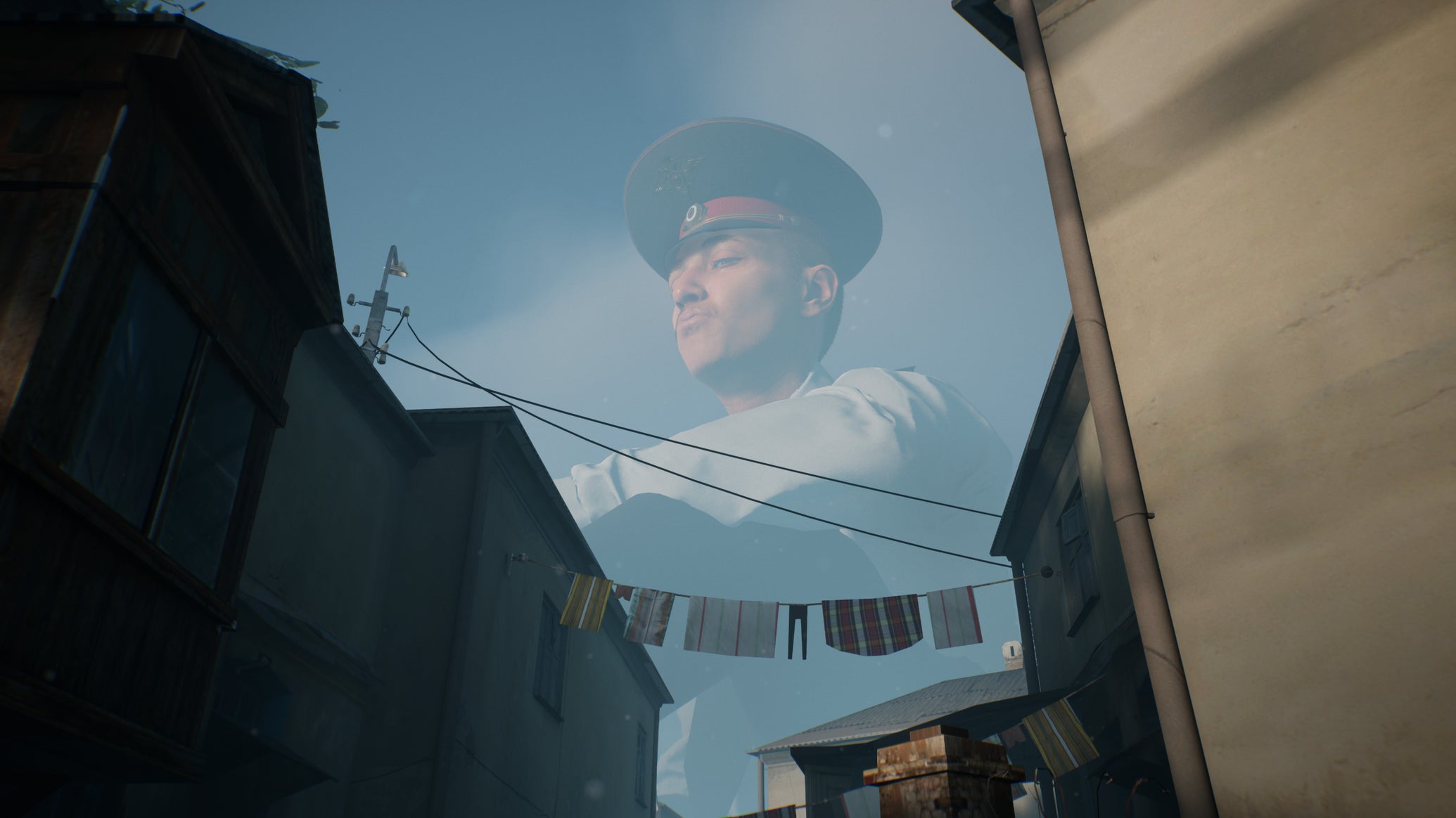 A cloudy view of a huge policeman, framed in the sky above rooftops hung with washing lines. From Militsioner. - 1