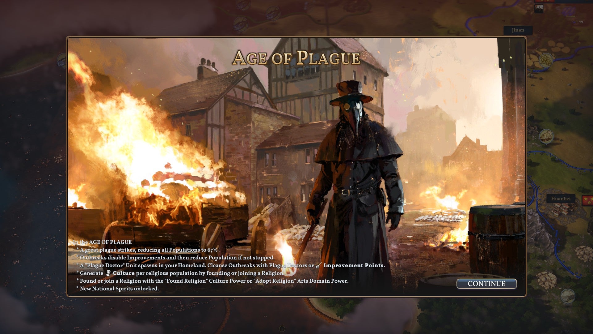 A plague doctor stands amidst a village in flames in Millenia. - 1
