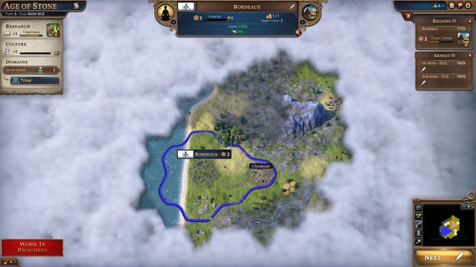 An overhead map view of Bordeaux, surrounded by fog of war in Millennia
