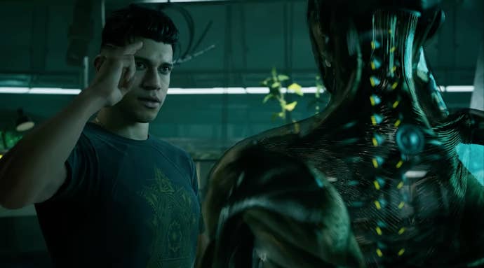 Man points his finger at his temple in front of a humanoid robot in a screenshot from MindsEye, in Everywhere