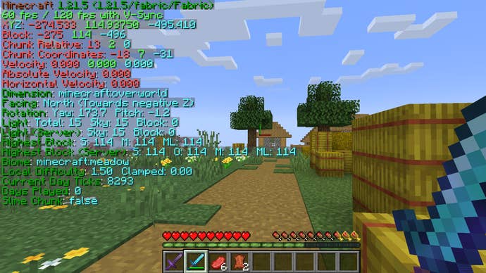 The player is standing in a village with the debug menu open - which has been overhauled by the BetterF3 mod - in Minecraft