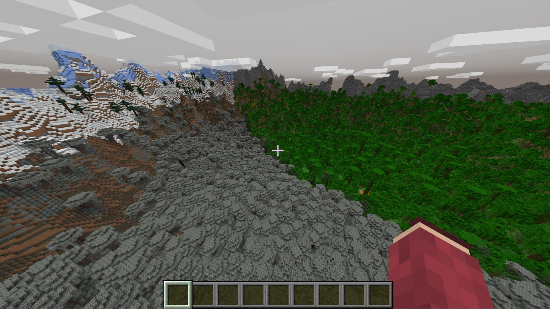 The player looks out at a huge dual-biome crater consisting of both jungle and pale garden blocks in Minecraft