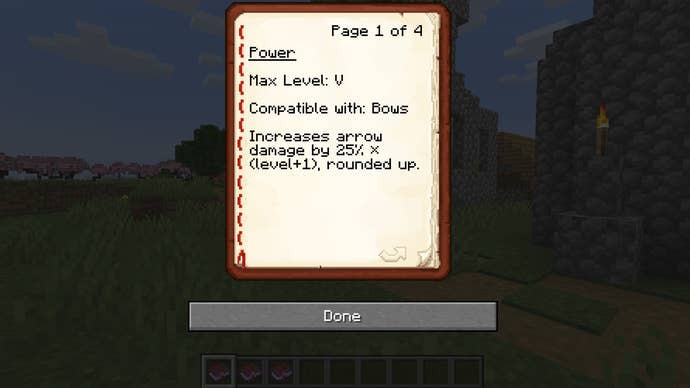The player reads and enchantment book using the Enchantments Lore mod in Minecraft