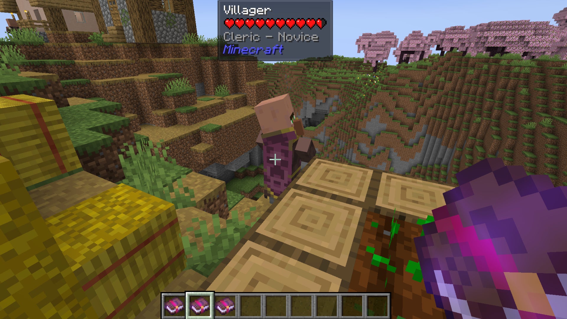 The player hovers their cursor over a villager in Minecraft, revealing the name, role, and health of their mob using the Jade mod - 6