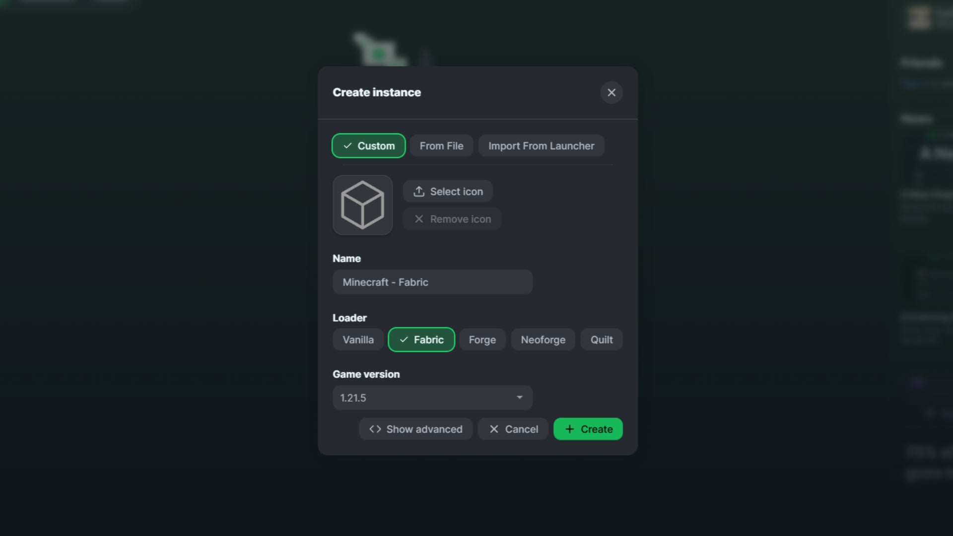 A screenshot of Minecraft mod manager, Modrinth is shown: the user is creating an instance of their game using version 1.21.5 and the Fabric mod loader - 5