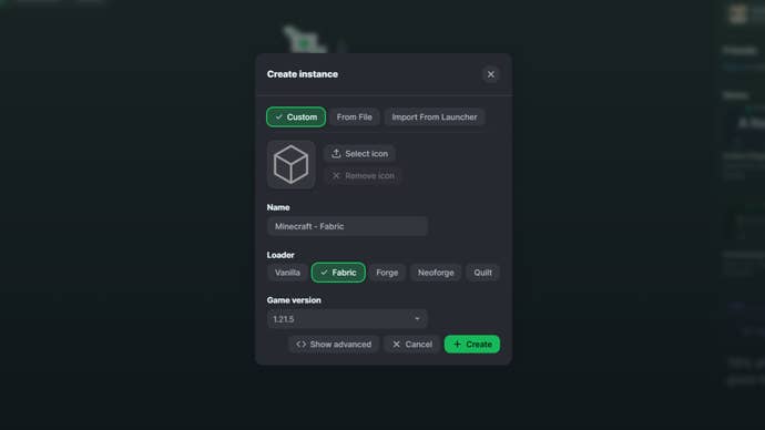 A screenshot of Minecraft mod manager, Modrinth is shown: the user is creating an instance of their game using version 1.21.5 and the Fabric mod loader