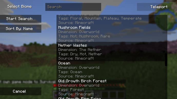 The player looks at a selection of biomes to locate and teleport to using the Nature's Compass mod in Minecraft
