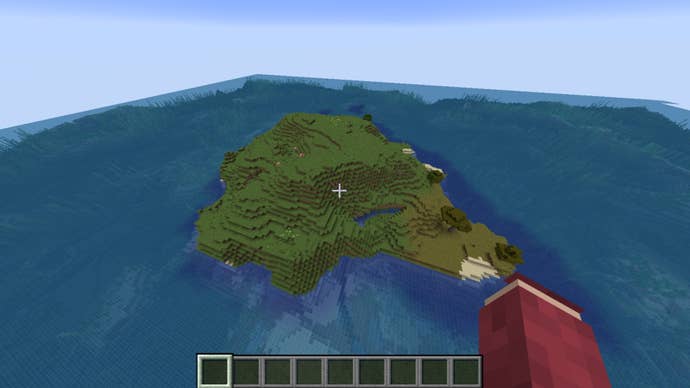 The player looks down at an isolated plains biome island in Minecraft