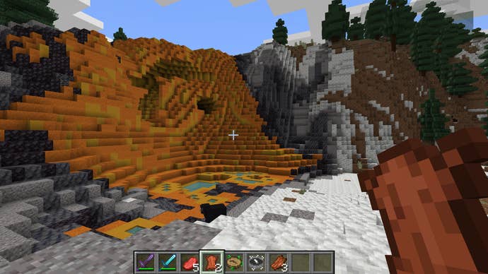 The player looks at a yellowstone biome, part of the Terralith mod, in Minecraft
