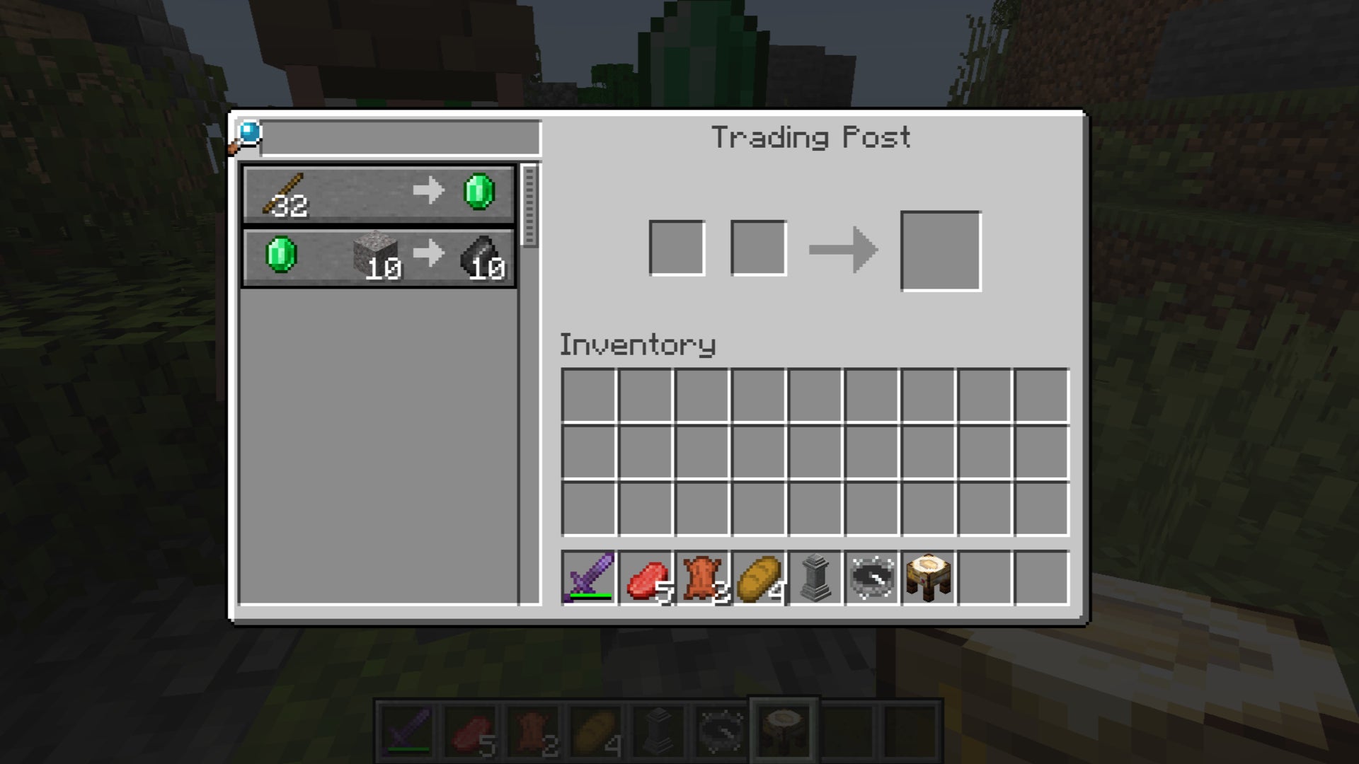 The player, using the Trading Post mod, is using a trading post to trade with multiple villagers at once in Minecraft - 15