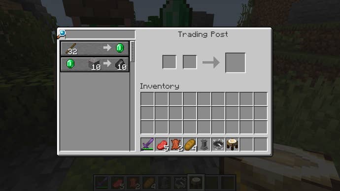 The player, using the Trading Post mod, is using a trading post to trade with multiple villagers at once in Minecraft