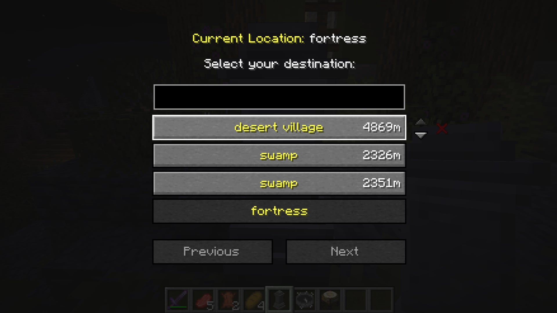 The player, using the Waystones mod, looks at their available waystones that they can teleport to in Minecraft - 14