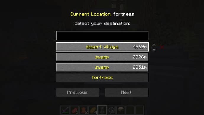 The player, using the Waystones mod, looks at their available waystones that they can teleport to in Minecraft