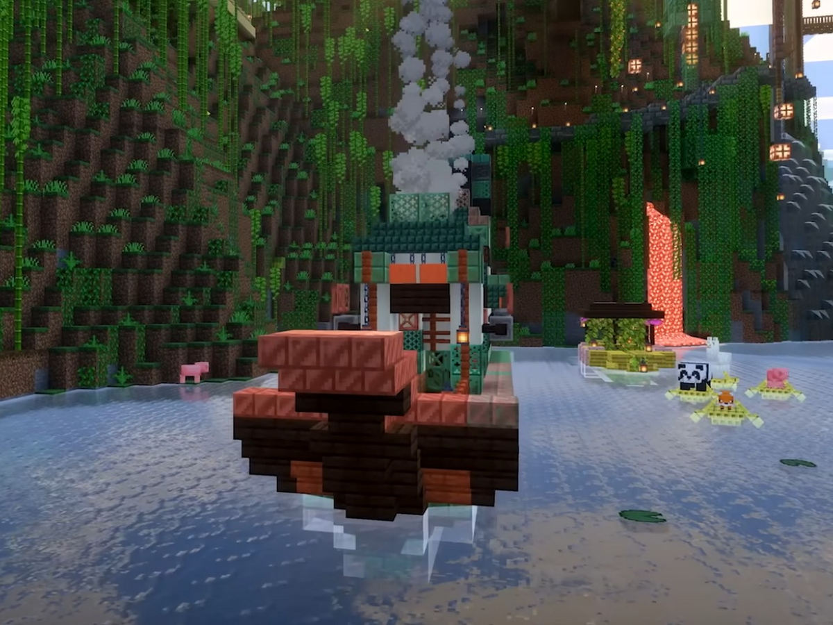 Minecraft world with lighting and reflection effects Minecraft river build with a boat, greenery, reflective water, and a lava waterfall