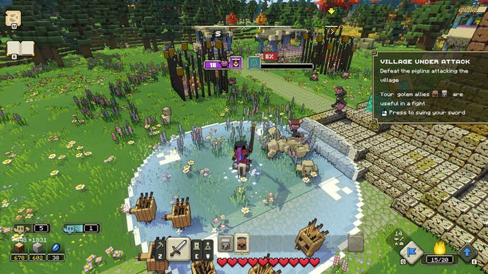 Minecraft Legends review - screenshot from Minecraft Legends, the player surrounded by a light blue circle