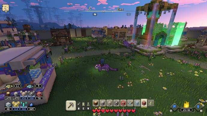 Minecraft Legends review - screenshot from Minecraft Legends, by a portal at dusk