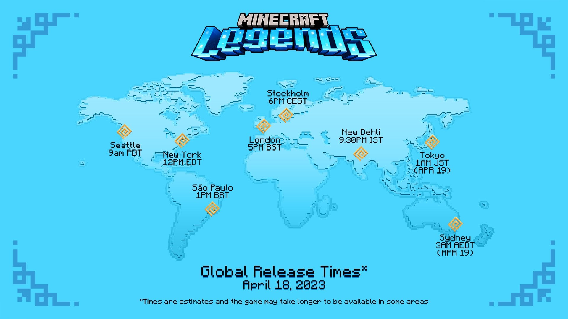 Image showing a map of the world and the confirmed times that Minecraft Legends is releasing in those regions. - 3