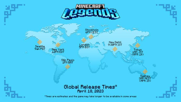 Image showing a map of the world and the confirmed times that Minecraft Legends is releasing in those regions.