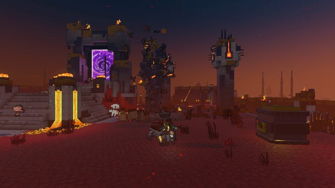 A warrior on horseback rides through a twilight battleground in Minecraft Legends
