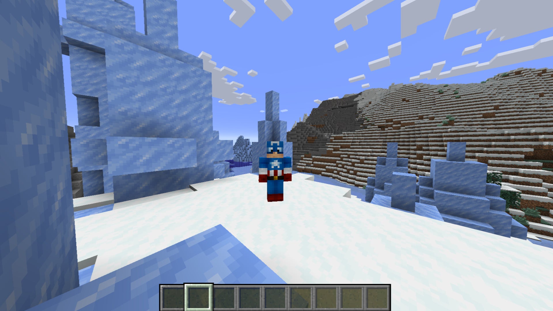 The player wears the Captain America Minecraft skin while standing near some ice spikes
