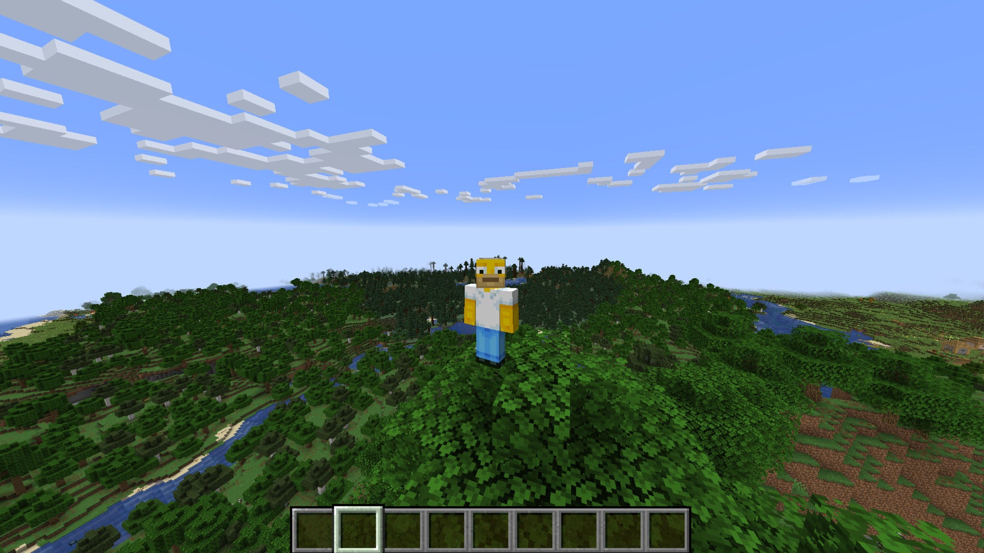 The player, wearing the Homer skin, stands atop a tree in a forest in Minecraft