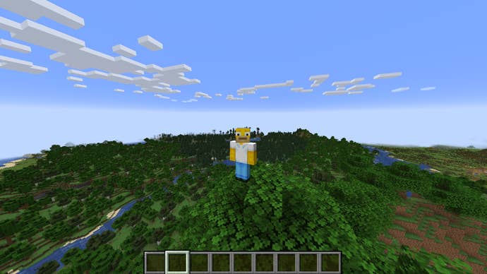 The player, wearing the Homer skin, stands atop a tree in a forest in Minecraft