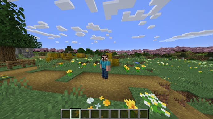 The player wears the Jack Black as Steve Minecraft skin while standing near a village