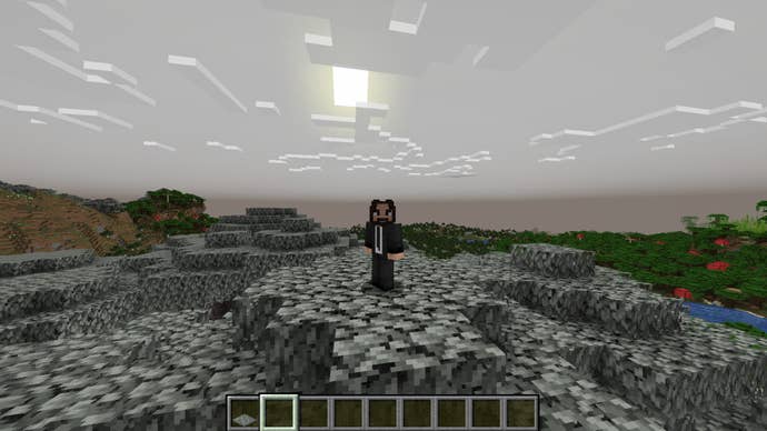 The player is wearing a John Wick skin while standing on top of a tree in the pale garden biome in Minecraft
