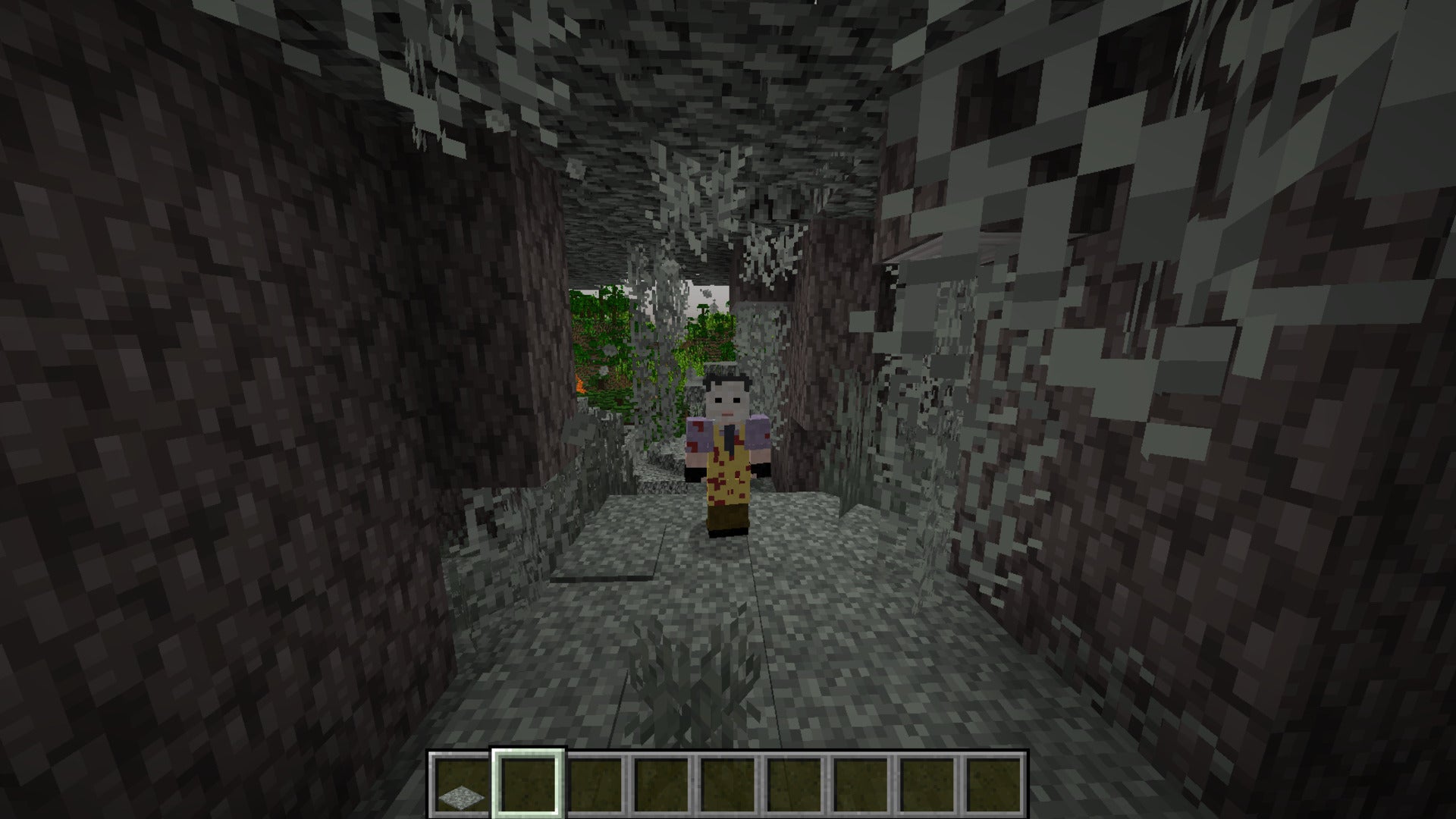 The player is wearing a Leatherface skin while standing in the pale garden biome in Minecraft