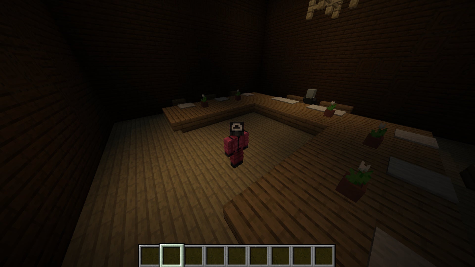 The player is wearing a Squid Game Guard skin while standing inside of a woodland mansion in Minecraft - 28