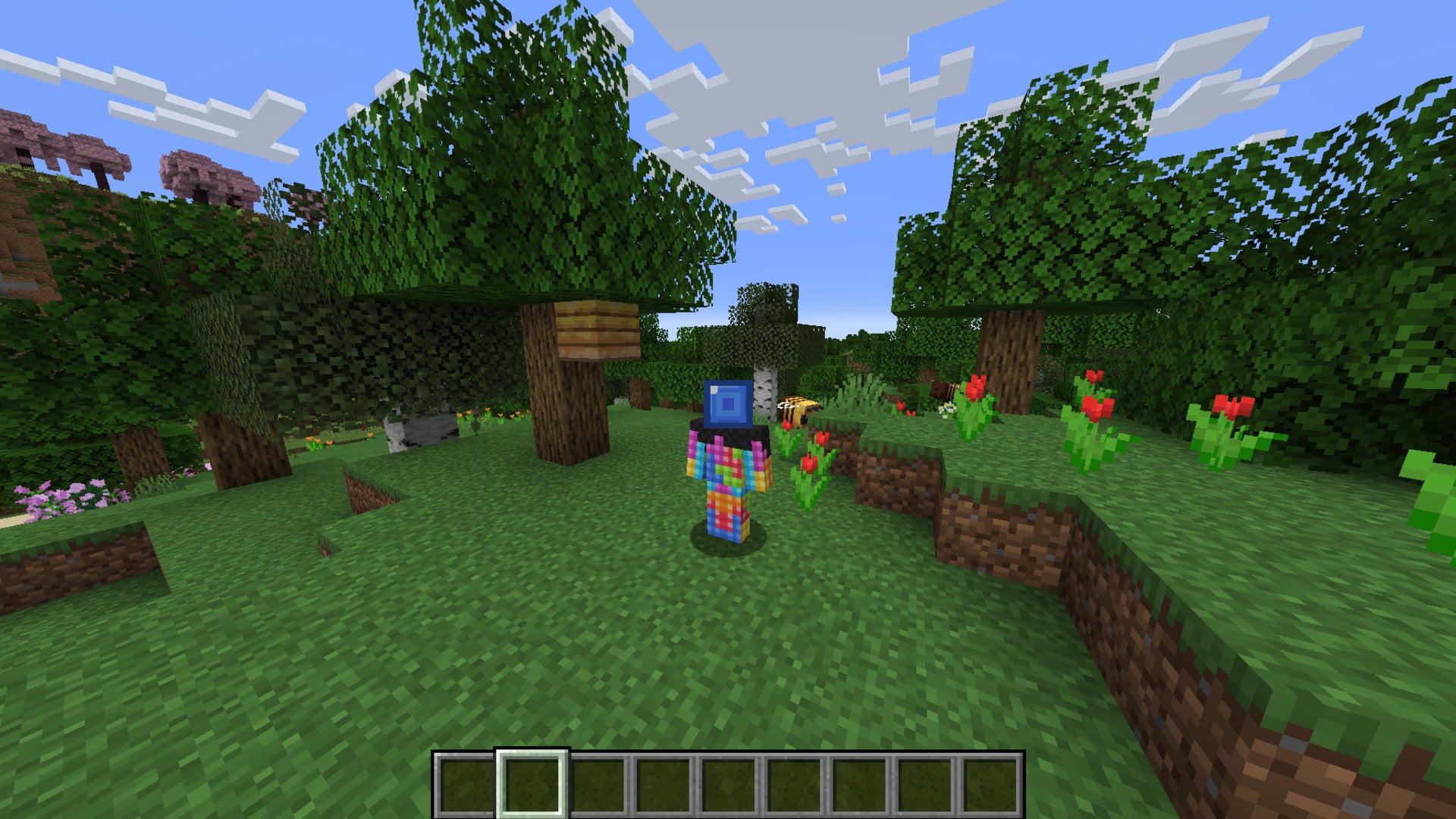 The player, wearing the Tetris skin, stands in a meadow in Minecraft