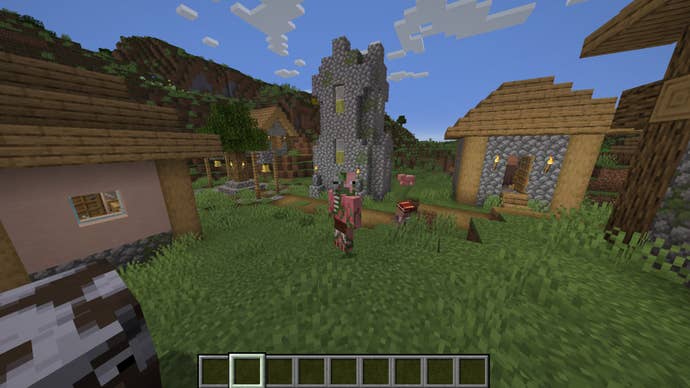 The player, wearing the Zombie Pigman skin, stands in the middle of a plains village in Minecraft