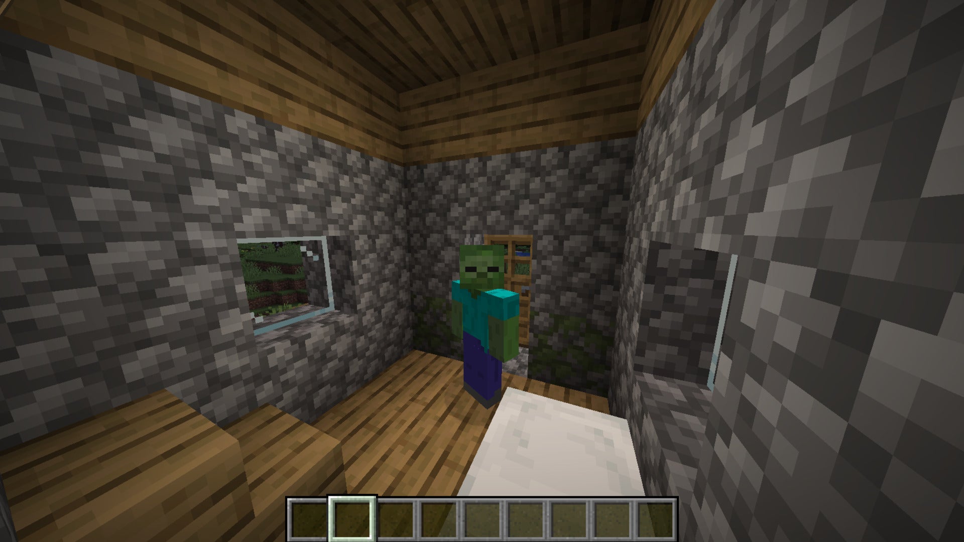 The player, wearing the Zombie skin, stands in the middle of a house in a plains village in Minecraft